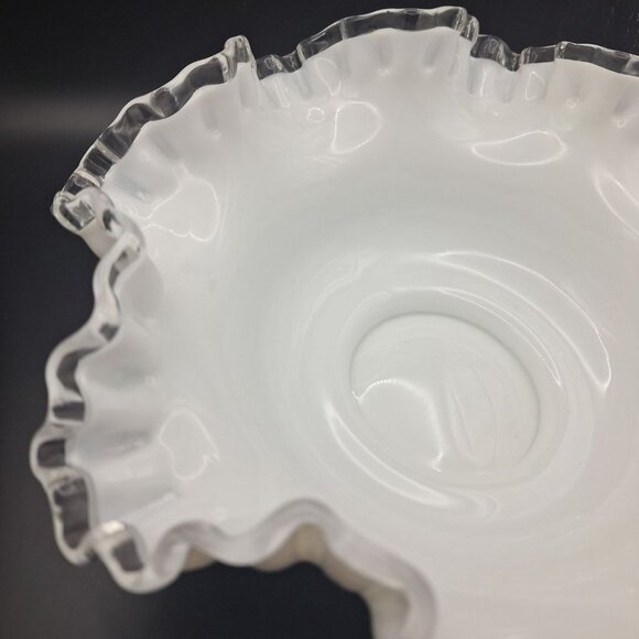 Fenton Silver Crest Ruffle Bowl White Milk Glass Clear Edge 10 Inch Unmarked - Picture 6 of 10